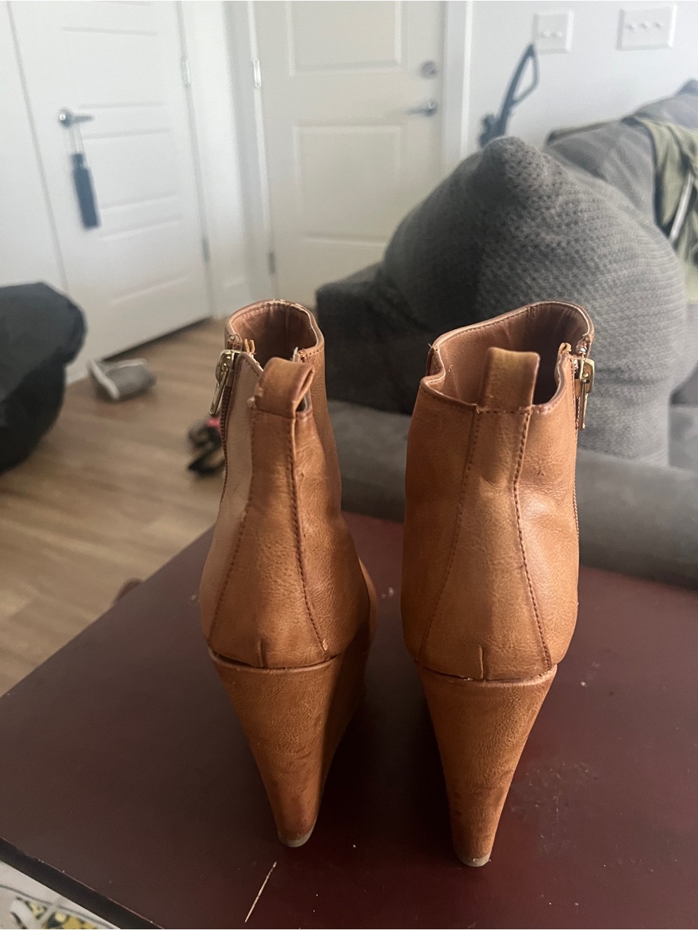 Women’s Tan Wedge Ankle Boots - Stylish Zip Detail